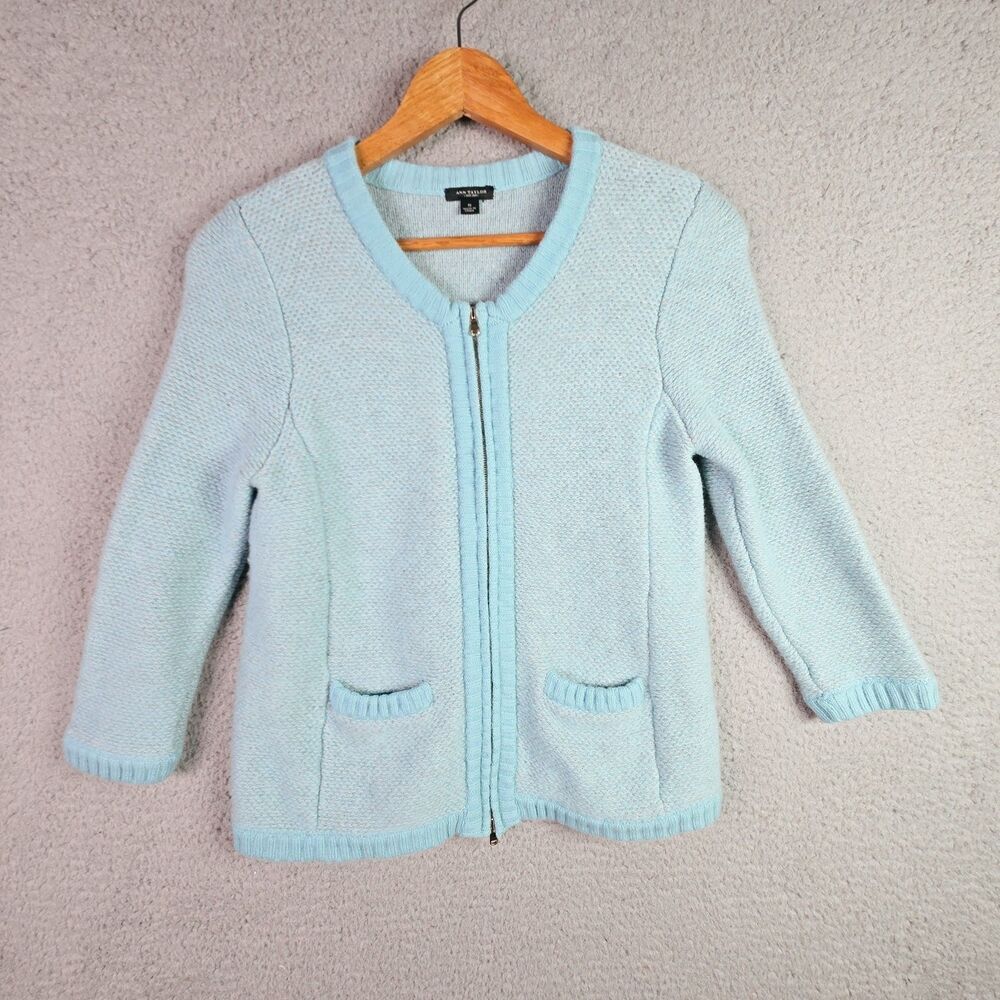 Ann Taylor Merino Wool Blend Zip Front Sweater Cardigan Light Blue Small